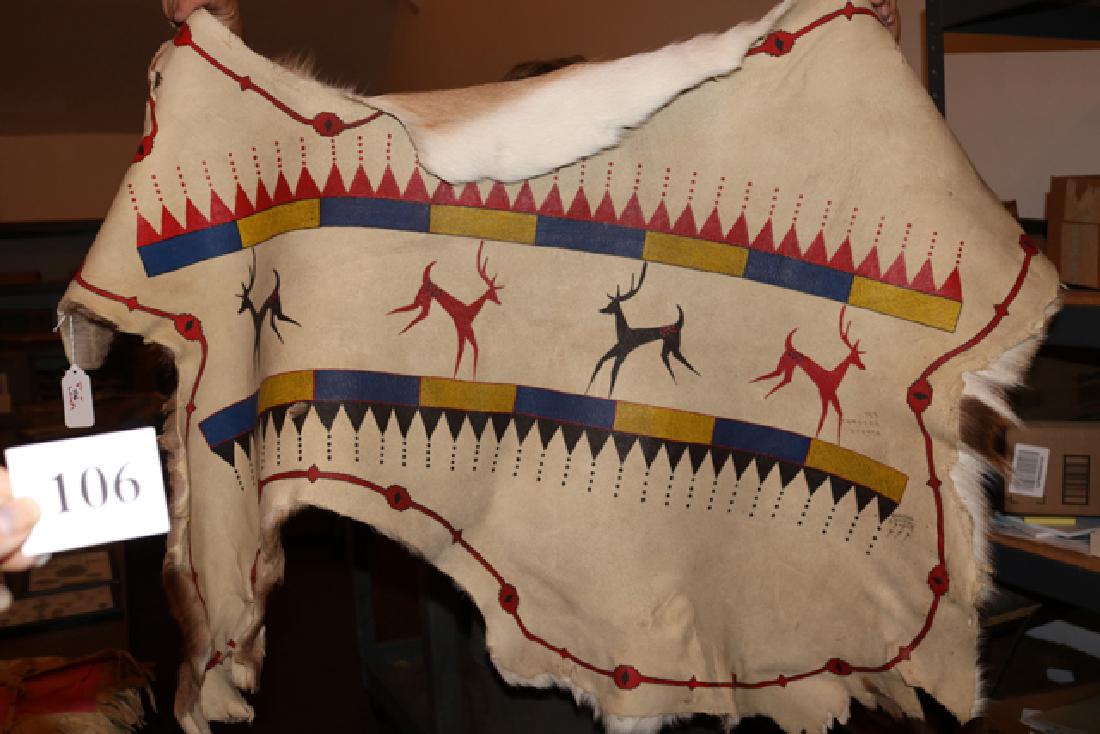 Painted Deerskin with Running Deer Motif: 48” x 36” Beautifully Painted Deerskin with Running Deer Motif, Contemporary, Fantastic wall hanger