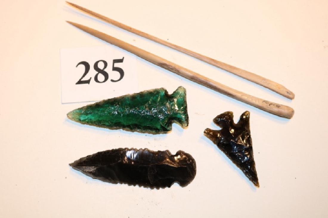 3 Obsidian Knives, 2 Bone Awls: 3 Obsidian Knives, 2 Bone Awls