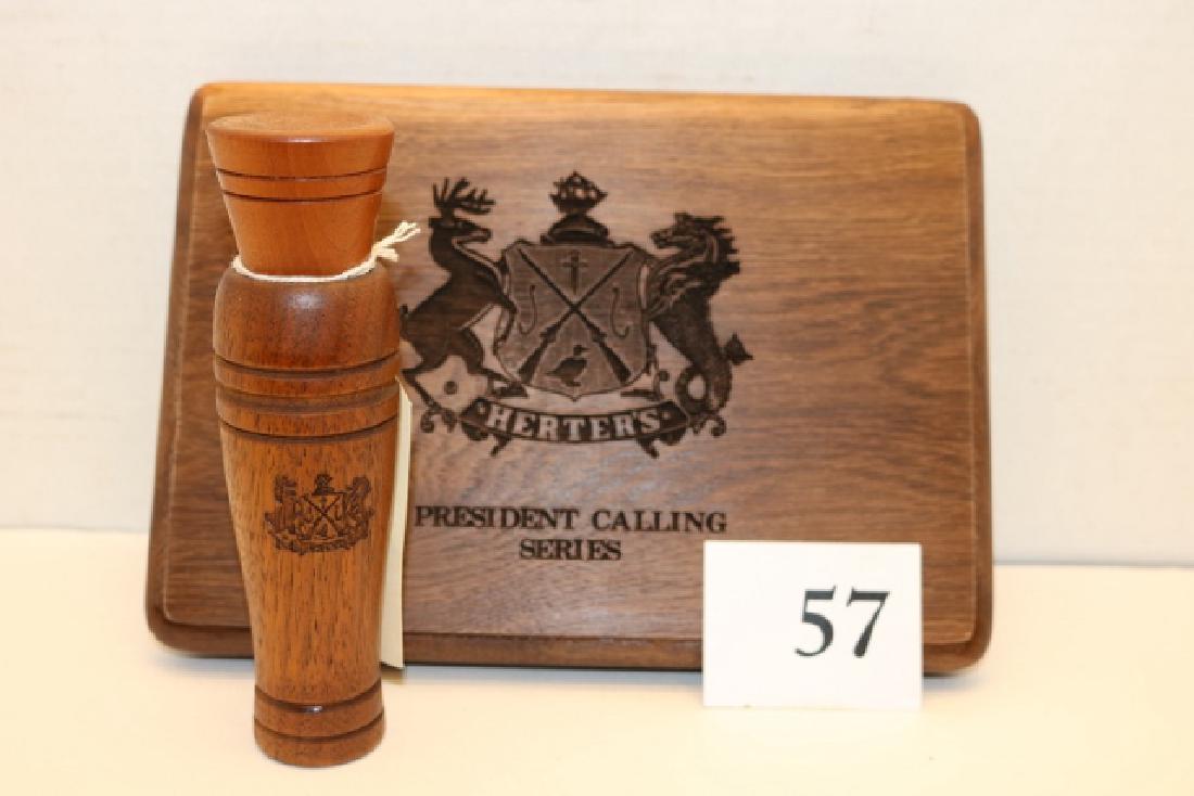 Herter's President Series Duck Call: Herter's President Series Duck Call (Jimmy Robinson made) with walnut barrel and stopper, metal reed in cork wedge type design. Call appears new in every respect with quite pleasing and authentic tone
