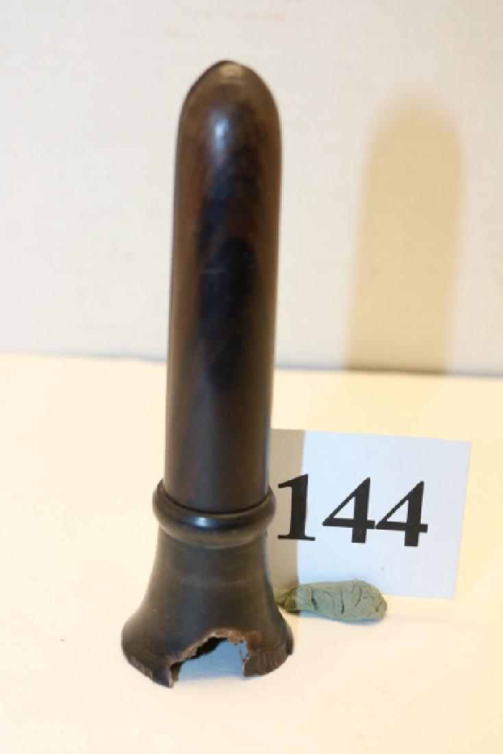 crow call: 4 5/8" rosewood barrel, buffalo horn fluted exhaust (threaded) crow call attributed to Elam Fisher, ca. 1870-80. The call retains what appears to be the original metal reed with small split at mouth e