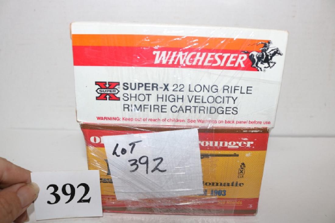 Two full bricks of .22 ammo: Two Scarce full bricks of .22 ammo including: 1) ". 22 Winchester Automatic for Model 1903", .45 grain, from "The Old Western Scrounger", post warning, 500 count in 10 50 count boxes, light high edge