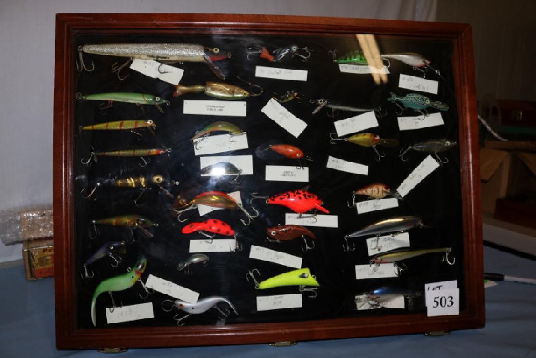 Large glass display of 31 Heddon Lures (1 of 8)