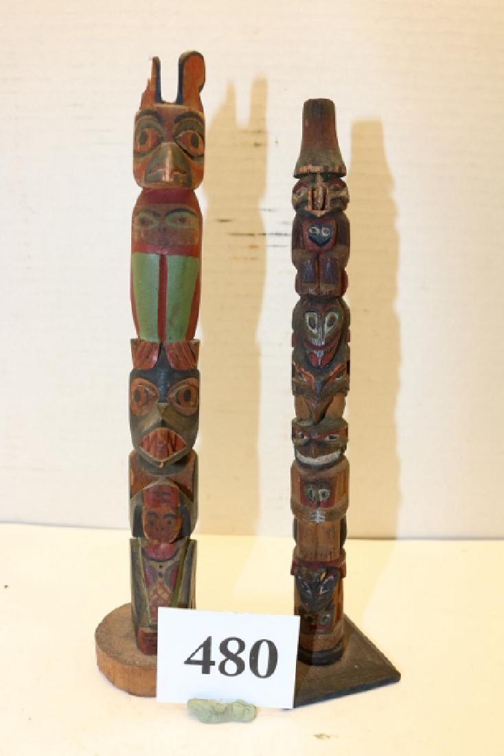 Pair Polychrome Carved Wood Totem Poles (1 of 2)