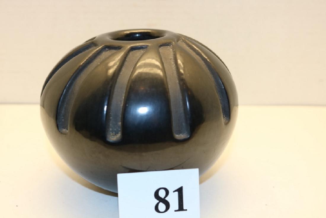 Black on Black Santa Clara Seed Jar: 6 3/8" x 4" Carved Black on Black Santa Clara Seed Jar signed Francis Salazar – hairline crack