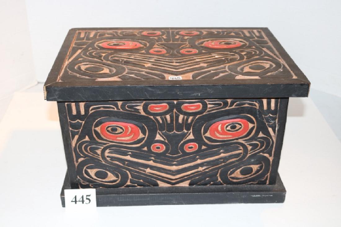 Painted North West Coast Wood Container: 9 1/2" x 13" x 9 1/4" Lidded Contemporary Polychrome Painted North West Coast Wood Container