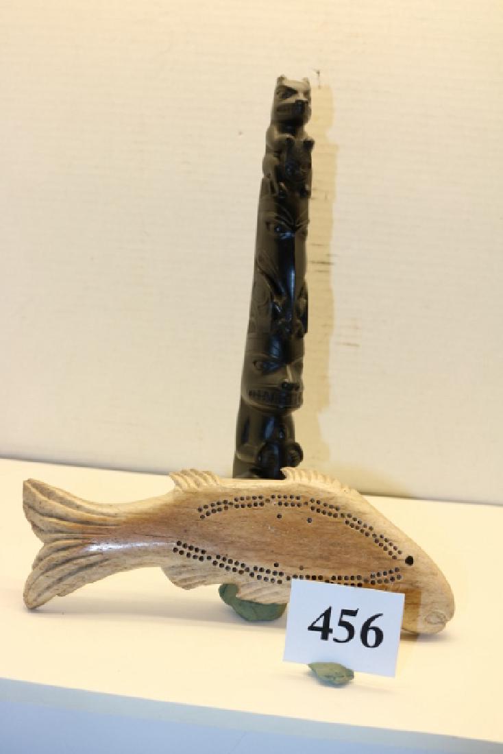 2 Items: Totem Pole, Cribbage Board: 2 Items: 11" Totem Pole, 9" Cribbage Board, Whale Effigy