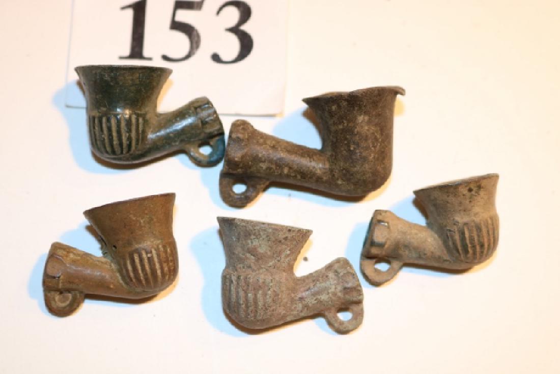 5 Pewter Trade Pipes: 5 Pewter Trade Pipes, elbows with drop ring on bottom, largest is 1 1/2" x 1"