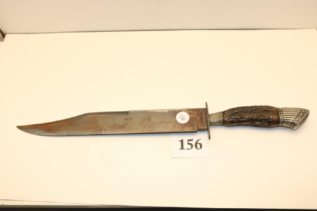 Russell Green River Marked Bowie: 17" Russell Green River Marked Bowie, antler and sterling handle, silver guard, well used