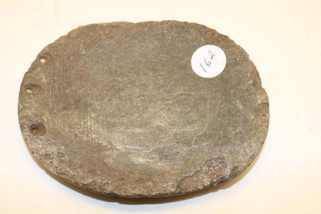 Steatite Gorget: 5" x 4" Steatite Gorget, salvaged from bottom of stone bowl, 3 holes, Hiwassee Tenn.