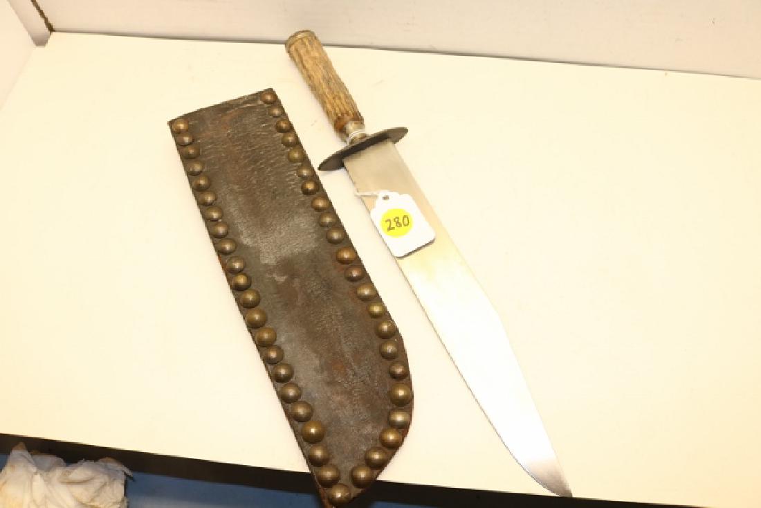 Stag Handle Bowie Knife: 13 1/2" Stag Handle Bowie Knife with brass tacked sheath, new blade?