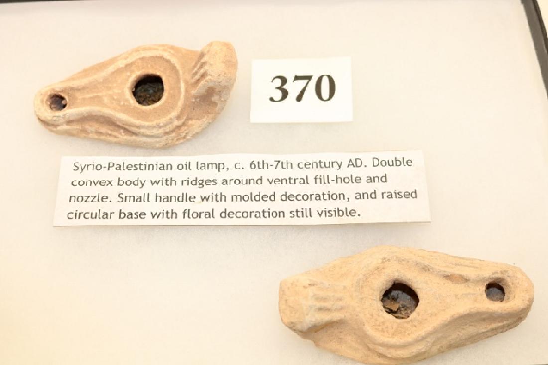 Pair of 6th – 7th Century Syrian Palestine Oil Lamps: Pair of 6th – 7th Century Syrian Palestine Oil Lamps, framed with info