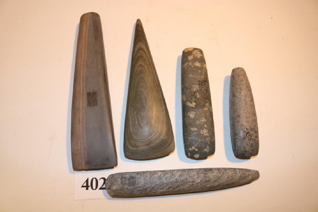 5 Stone Celts: 5 Stone Celts, age uncertain, longest 9 1/4"