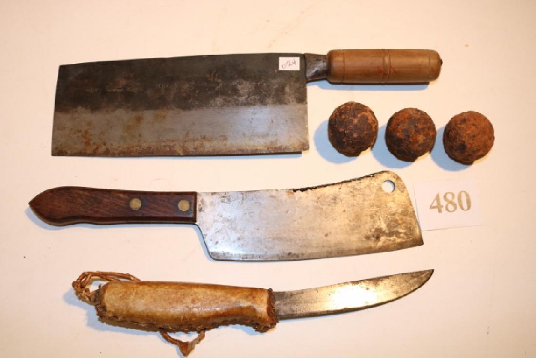 3 C W Grapeshot, 2 Meat Cleavers: Lot consisting of 3 C W Grapeshot, 2 Meat Cleavers, Hide Handled Curved Blade Knife