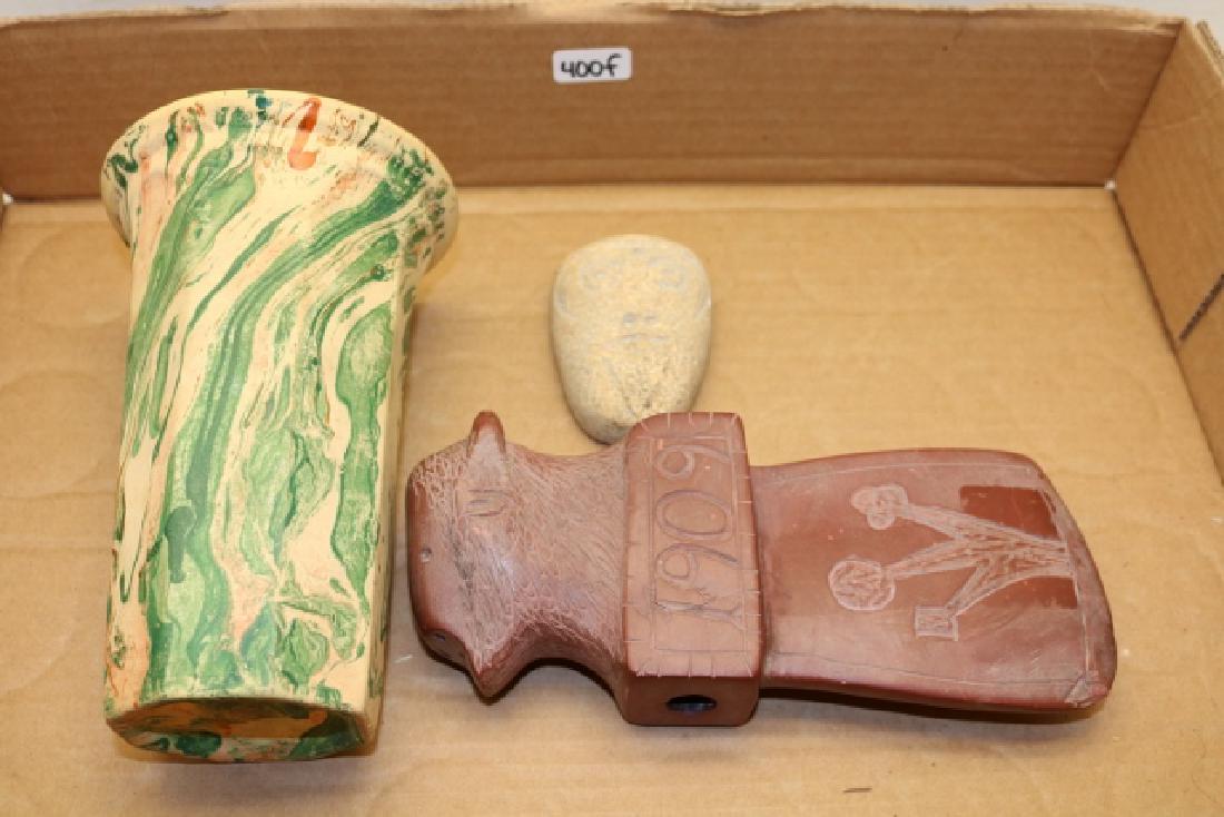 Contemporary Buffalo Pipe, Yelloware Vase: Contemporary Buffalo Pipe, Yelloware Vase, Stone Effigy