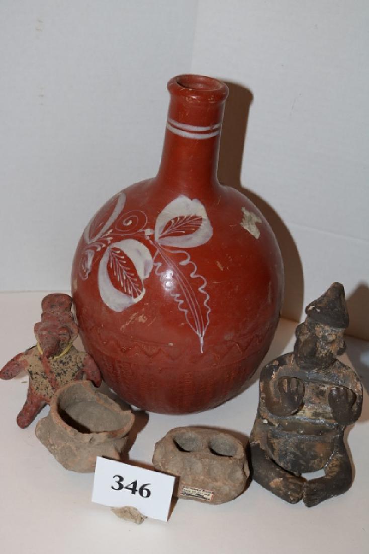 Pottery Water Bottle, 4 Effigy Pottery Figures: Pottery Water Bottle, 4 Effigy Pottery Figures 6 x 10 Pottery Water Bottle, 4 Effigy Pottery Figures, Mexico