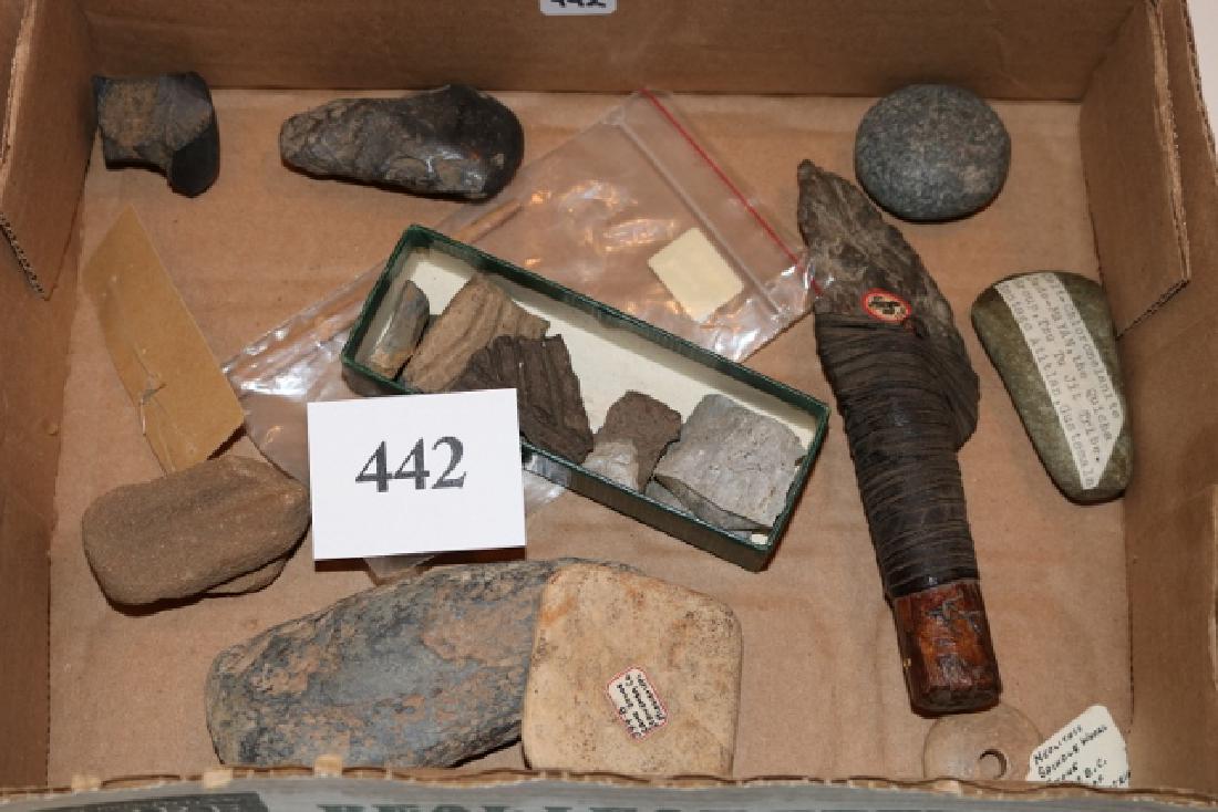 3 Celts, Halfted flint knife, game stone: 3 Celts, Halfted flint knife, game stone 3 Celts, Halfted flint knife, game stone, spindle drill stone, pecking stone, arrow straighter, pot shards, 2 bone awls (one broken)