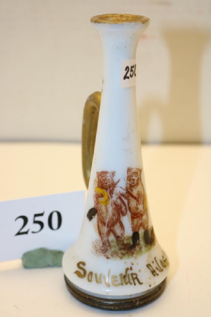 Milk Glass with Gold Paint Bugle: Milk Glass with Gold Paint Bugle, 2 Bear Scene, Souvenir Ailocp with closure