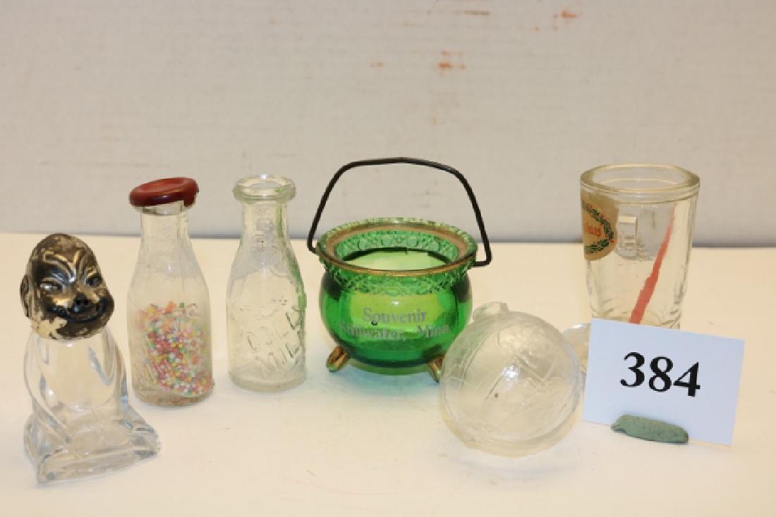 Group of 6: Bilikin, 2 Dolly’s Milk Bottles: Group of 6: Bilikin, 2 Dolly’s Milk Bottles – 1 with cap & candy, Christmas Boot, Green Souvenir Kettle, Globe – missing cap & holder