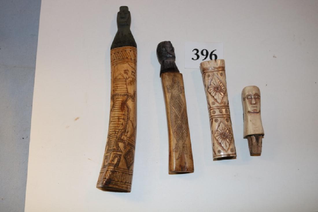 4 Items: all bone, scrimshawedNO SHIPPING OUT OF COUNTR: 4 Items: all bone, scrimshawed, needle cases 3 ¼" – 9 ½" long no shipping out of country