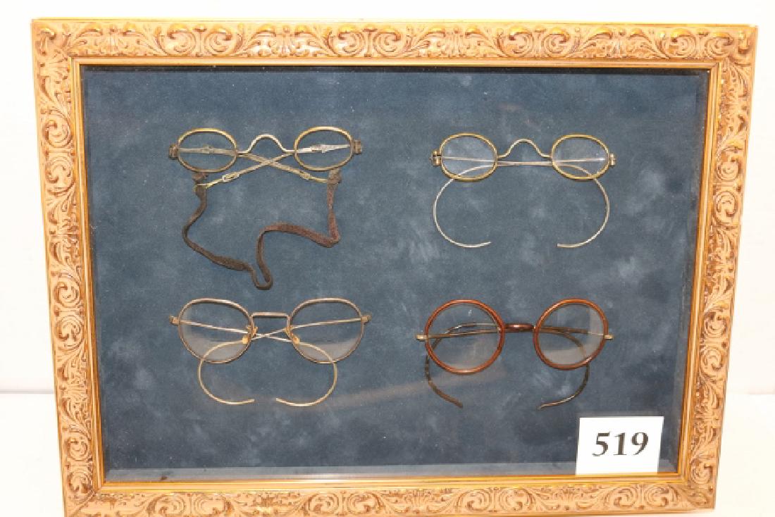 4 pair of old eye glasses: 11" x 15" Frame with 4 pair of old eye glasses