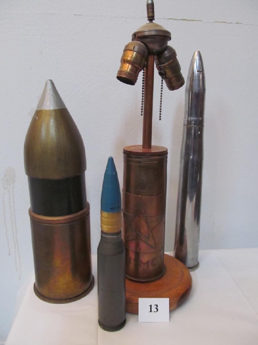 Job Lot: Trench Art Lamp: Job Lot: Trench Art Lamp 2 Bulb Type with USMC 1917-1919, Indian Head & Star etched #2, 20 ¼” tall, also a 1st Batt. 27th Artillery Presentation Shell to CSM Robert Brown and 2 Large Artill