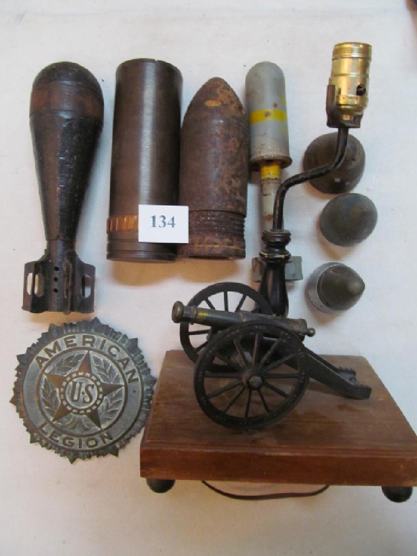 Job Lot: Cannon Lamp, American Legion Marker: Job Lot: Cannon Lamp, American Legion Marker, Demilled Morter WWII Era, Civil war Artillery Sabot Casing, 3 Morter Heads and a Rifle M23 Grenade Practice Round