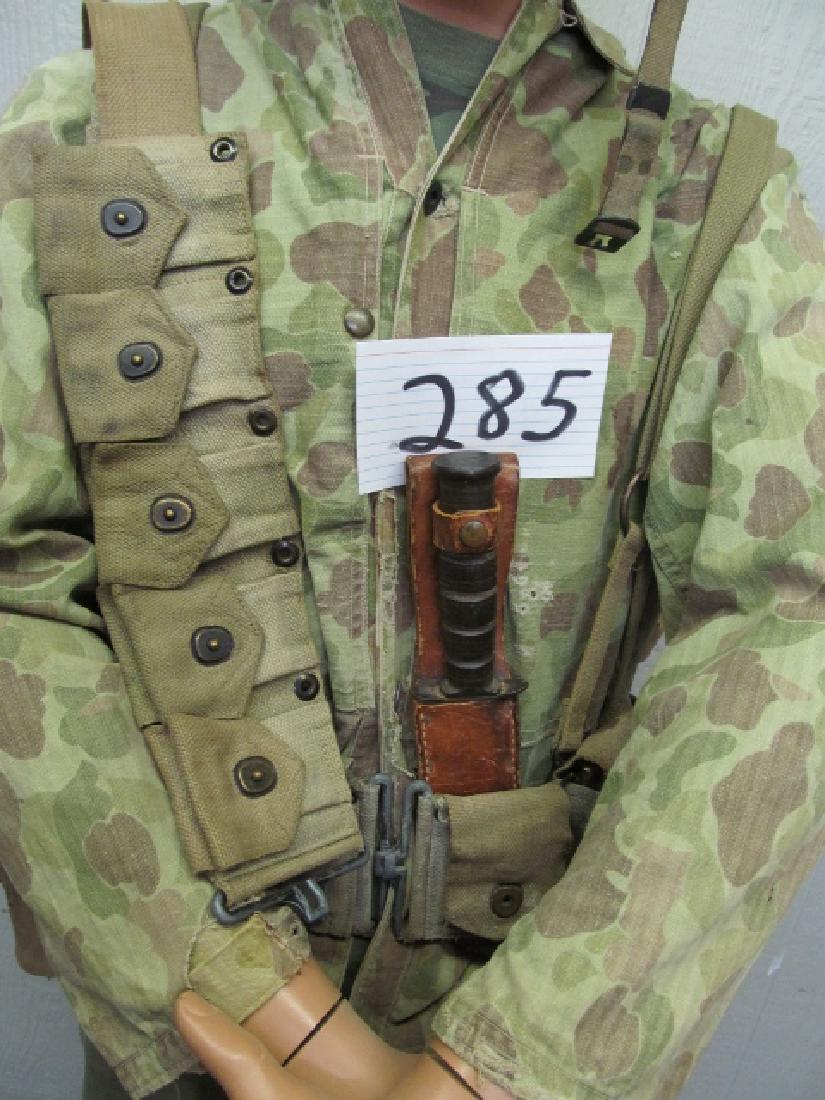 WWII Marine Manikin: WWII Marine Manikin with 2 ammo belts, 1 containing M1 Garande Clips, Backpack with shovel, bayonet, fighting knife, oiler, Camo jungle jacket, shelter pack, gun cleaning kit, canteen, binoculars, hel