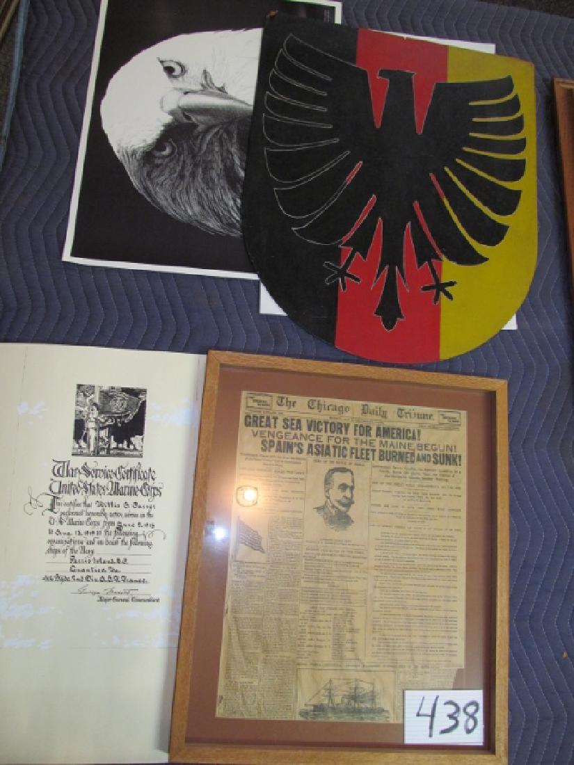 Chicago Daily Tribune Front Page: Original Chicago Daily Tribune Front Page dated May 2, 1898 featuring the Sea Victory of America against Spain’s Asiatic Fleet, framed 24” x 20” also a Prussian Shield and 2 Lithos o