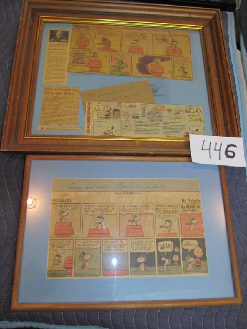 2 Famed Peanuts Red Baron Comics: 2 Famed Peanuts Red Baron Comics both featuring Charles M. Schulz signature, collected from Schulz’s neighbor Ed Rice, 1 is dated Jan. 9, 1966 22” x 18” framed other Dated Nov. 7th, 