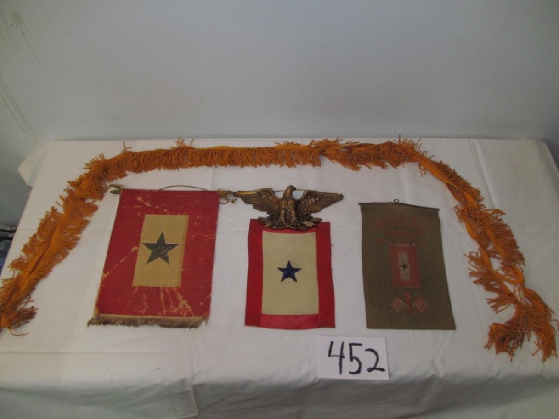Mothers Service Flag: 12 feet of fringe cording, also a WWI 12 ½” x 9” Mothers Service Flag, well worn and a silk Mothers Service Flag mounted with Eagle and a Hand Stitched Signal Corps Banner