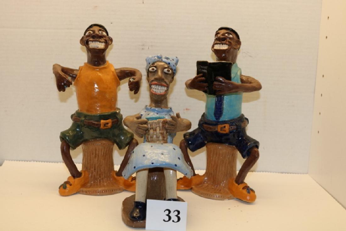 4 Pottery Folk Art Figures: 4 Pottery Folk Art Figures signed Stacy Lambert, one is incomplete, largest 9 ½”