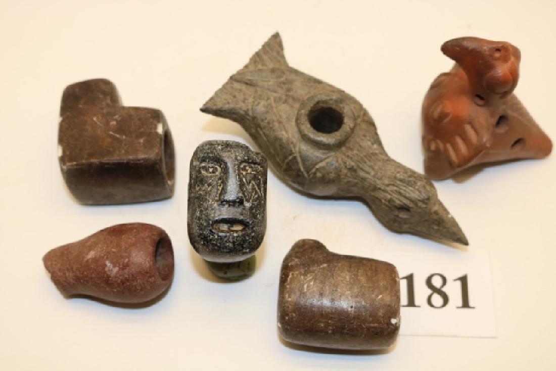5” Steatite Bird Effigy Pipe: 5” Steatite Bird Effigy Pipe, age uncertain, Catawba Pottery Whistle, 4 assorted stone pipes, age uncertain