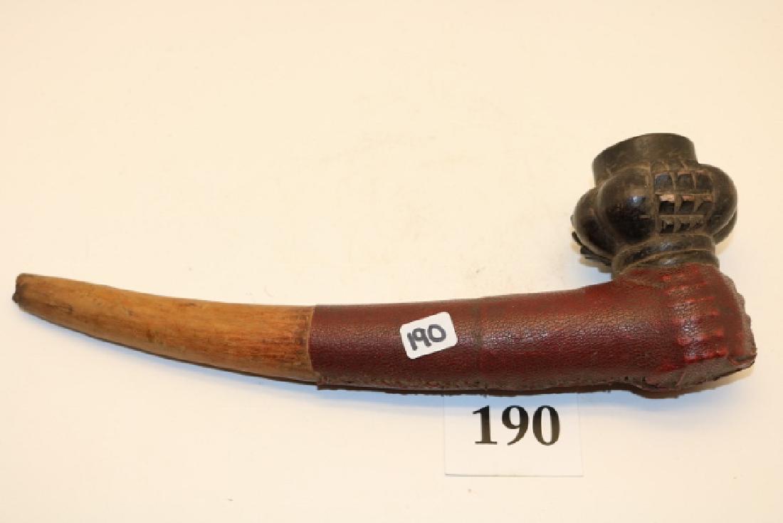 Wood Painted Hand Stem: 11 ½” Wood Painted Hand Stem with 1 ¾” x 2 ¼” Pottery Pipe Bowl – with hide covering