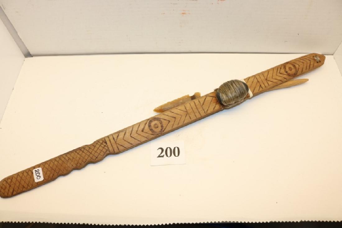 Carved Wood Atlatl: 22” Carved Wood Atlatl with 10 ½” Arrow with flint point and weight (modern reproduction) Nice!!