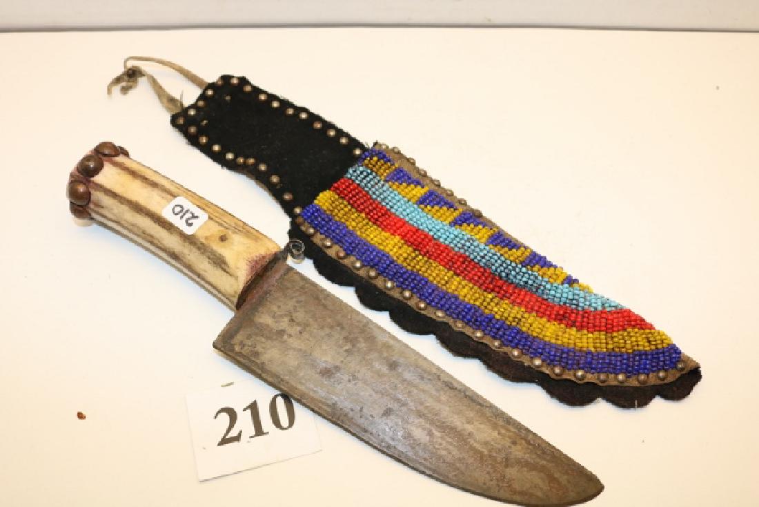 Beaded Jicarilla Apache Sheath: 11” Beaded Jicarilla Apache Sheath with antler handle brass tacks, made 1903 documentation provided