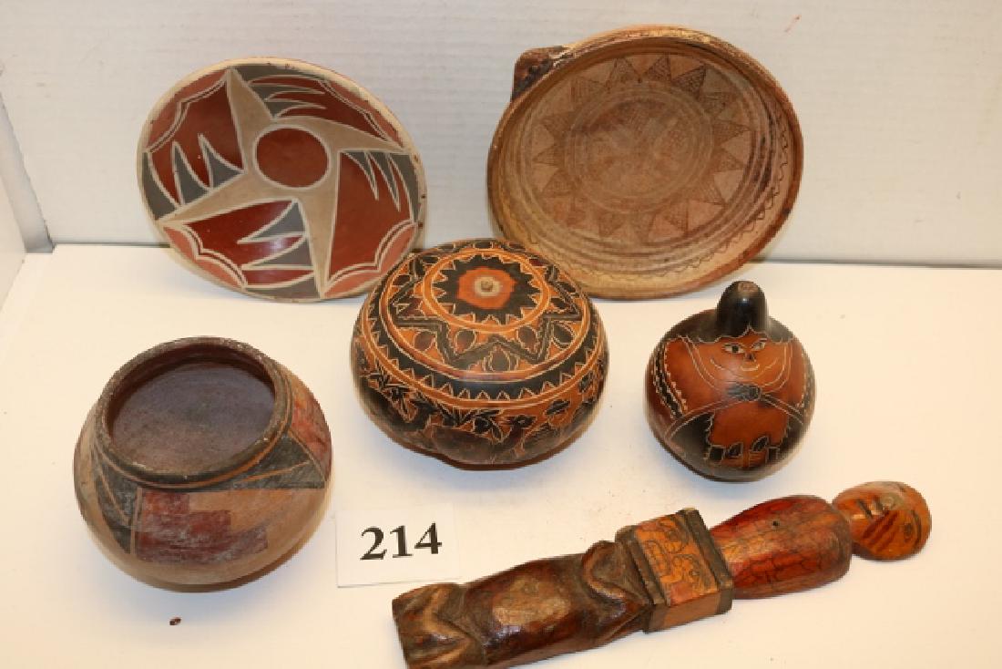5 Pcs. Assorted Pottery Vessels: 5 Pcs. Assorted Pottery Vessels, and a 9” Carved North West Coast Totem