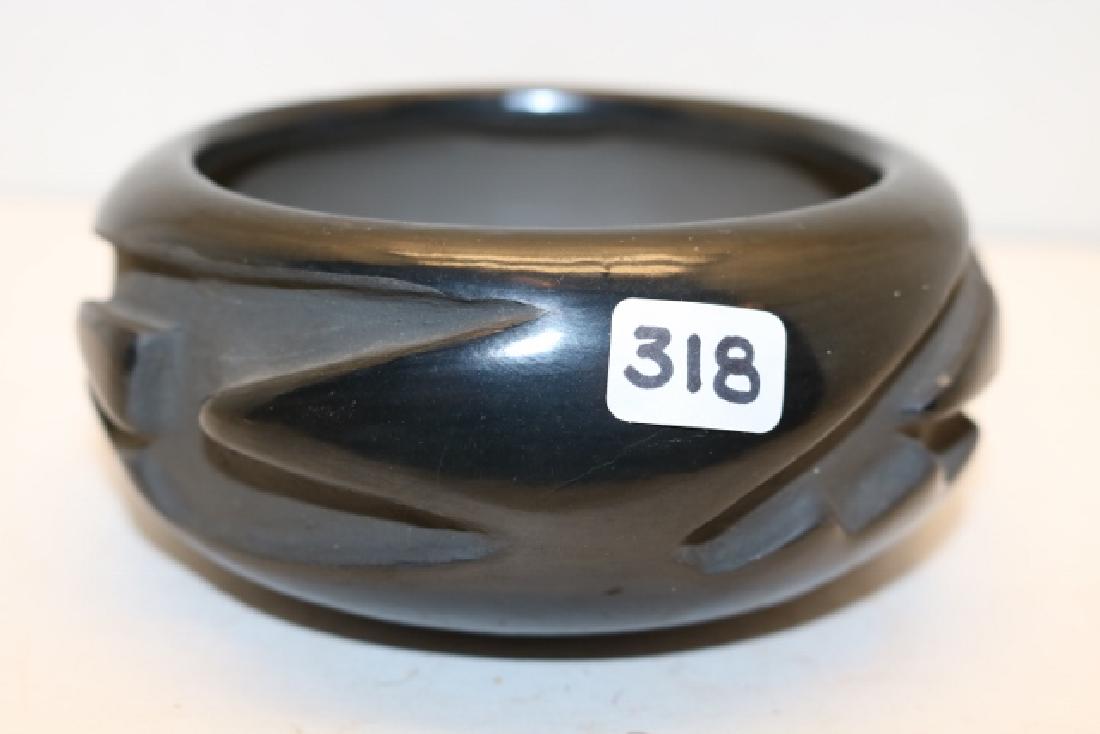Black on Black Engraved Bowl: 4 ½” x 2 ½” Black on Black Engraved Bowl, San Ildefonso signed Blue Corn, Nice!