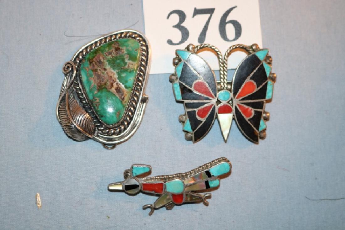 3 Items, Zuni Inlay Butterfly Pin: 3 Items, Zuni Inlay Butterfly Pin, Turq. Pendant, Zuni Inlay Roadrunner Pin