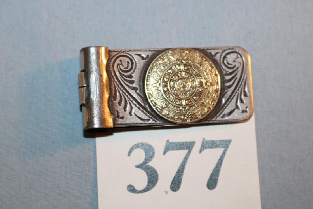 1 x 2 Silver Money Clip: 1 x 2 Silver Money Clip with gold colored Calendar Stone Mexican, Crown Mark