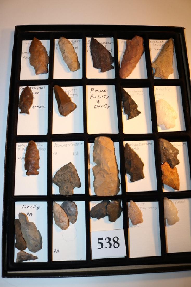 Frame with 16 Assorted Flints, Knives, Points, Drills: 12 x 16 Frame with 16 Assorted Flints, Knives, Points, Drills