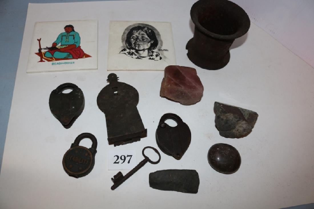 2 Indian Tiles, Iron Mortar, Trunk Lock (1 of 1)