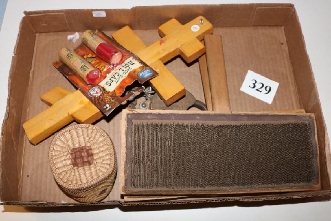 Box Lot: Flint Knife, R.R. Lock: Box Lot: Flint Knife, R.R. Lock, Brass with chain, small Nootka Basket (no lid), 2 wool carding tools, wood cross Lourine, 2 rolls toy gun caps