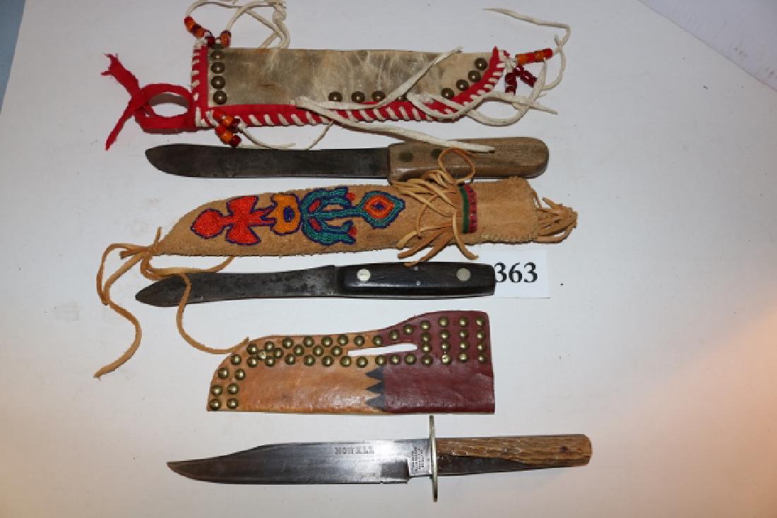 3 Knife Sheath: 3 Contemporary Knife Sheath with wood and bone handles, the bone handle is damaged