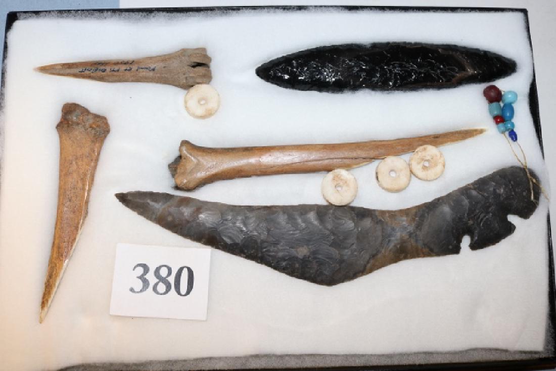 Frame with 3 Bone Awls: Frame with 3 Bone Awls, Obsidian Knife, Flint Eccentric Knives, 4 Shell Disc Beads
