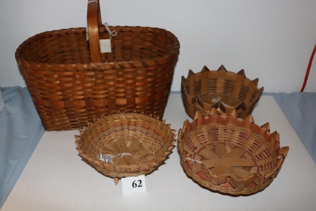 Large Chippewa Handled Basket: Large Chippewa Handled Basket, 2 Winnebago Baskets and a Penobscot Basket