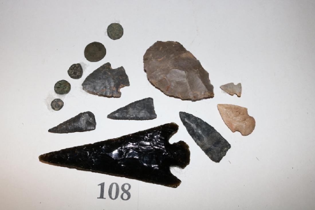 Obsidian Spear, 7 Flint Points: 6” Obsidian Spear, Mexico, 7 Flint Points, Knives, Bone Aires Needle, 5 Roman Coins