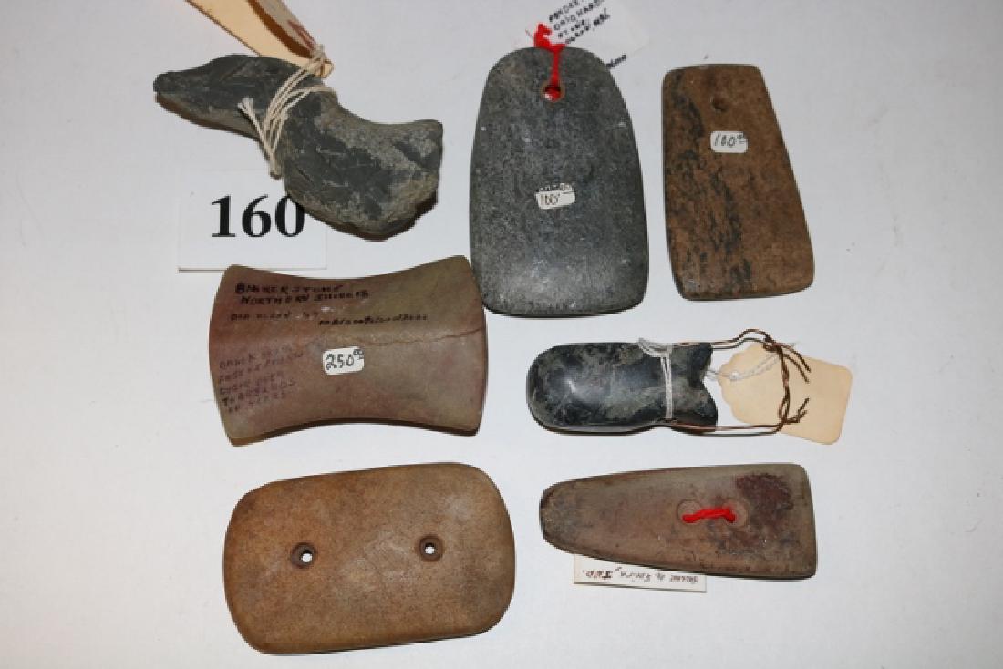 4 Stone Gorgets: 4 Stone Gorgets (age uncertain), Bannerstone (age uncertain) Owl Pendant, Unfinished Birdstone