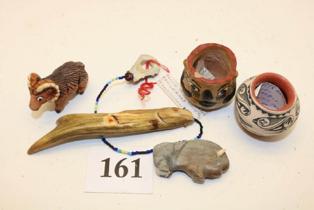 2 Miniature Pottery Vessels: 2 Miniature Pottery Vessels, Buffalo Fetish Bone Fish Fetish, Mini Ram - no shipping out of country