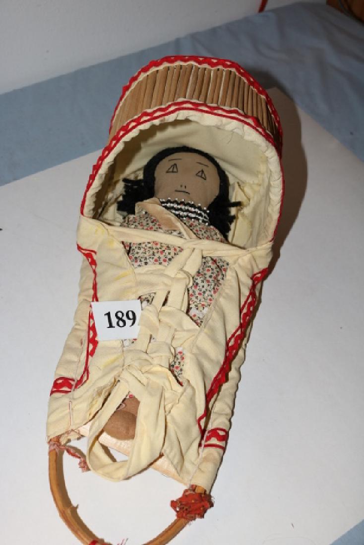 Cont. Apache Doll Cradleboard: 8” x 17” Contemporary Apache Doll Cradleboard with Female doll, circa 1950’s
