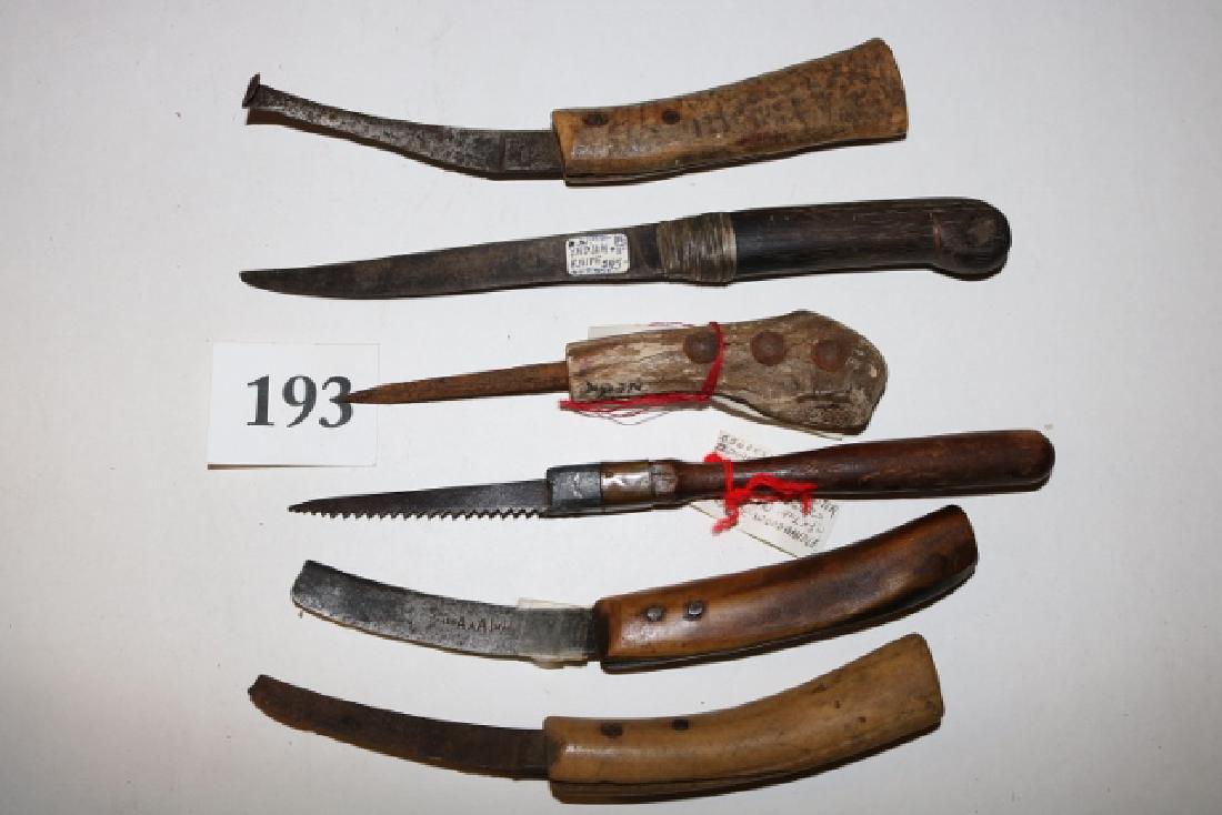 6 Assorted Wood-Antler Traders Knives: 6 Assorted Wood-Antler Traders Knives, one is for hoofs, longest 9 ¾”